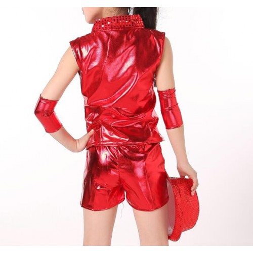 Silver red glitter girl's fashion performance jazz singers dancers model show play hip hop  dance costumes outfits